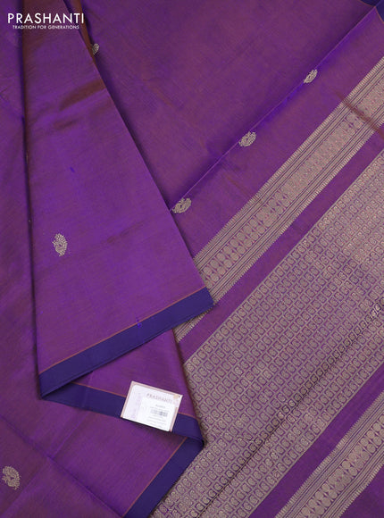 Kanchipuram silk cotton saree dual shade of purple and navy blue with zari woven buttas and piping border