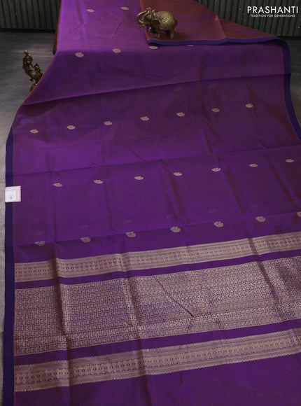 Kanchipuram silk cotton saree dual shade of purple and navy blue with zari woven buttas and piping border