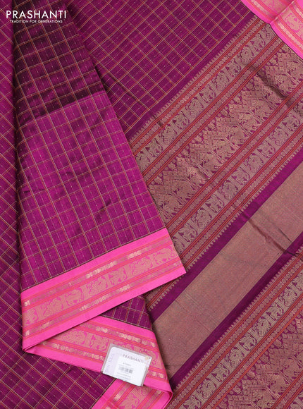 Kanchipuram silk cotton saree magenta pink and light pink with allover thread checks & buttas and zari woven border