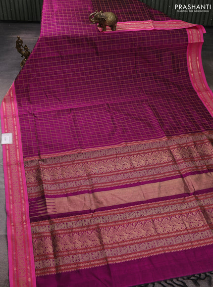 Kanchipuram silk cotton saree magenta pink and light pink with allover thread checks & buttas and zari woven border