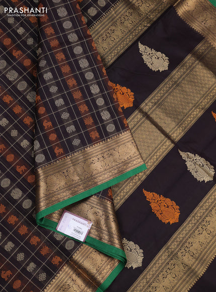 Kanchipuram silk cotton saree coffee brown and green with allover thread checks & buttas and temple design zari woven border