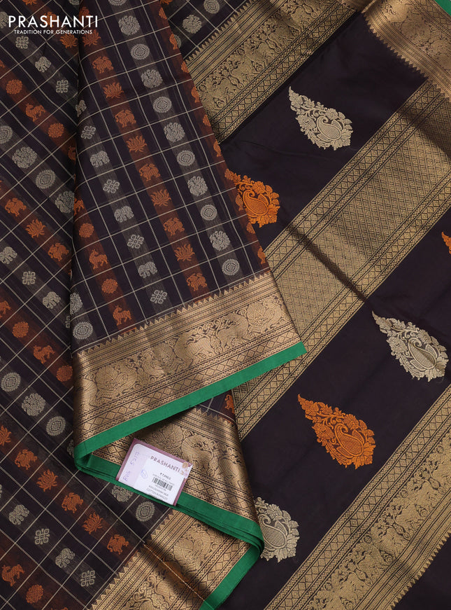 Kanchipuram silk cotton saree coffee brown and green with allover thread checks & buttas and temple design zari woven border