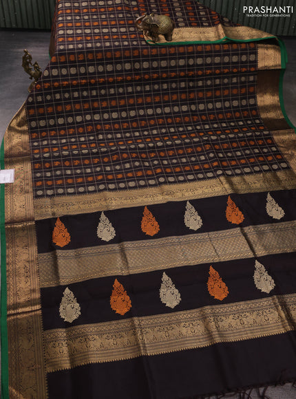 Kanchipuram silk cotton saree coffee brown and green with allover thread checks & buttas and temple design zari woven border