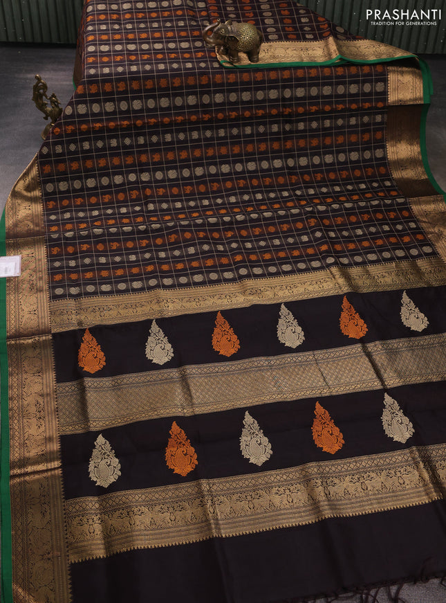 Kanchipuram silk cotton saree coffee brown and green with allover thread checks & buttas and temple design zari woven border