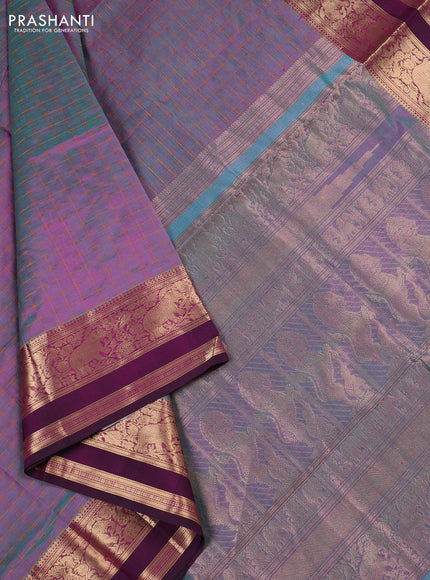 Kanchipuram silk cotton saree dual shade of pinkish teal green and magenta pink with allover thread checked pattern and rettapet zari woven border