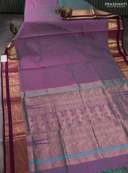 Kanchipuram silk cotton saree dual shade of pinkish teal green and magenta pink with allover thread checked pattern and rettapet zari woven border