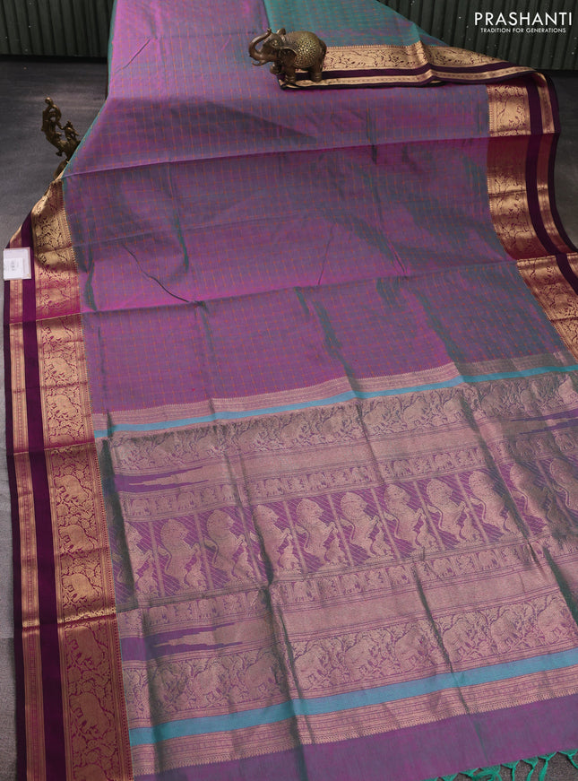 Kanchipuram silk cotton saree dual shade of pinkish teal green and magenta pink with allover thread checked pattern and rettapet zari woven border