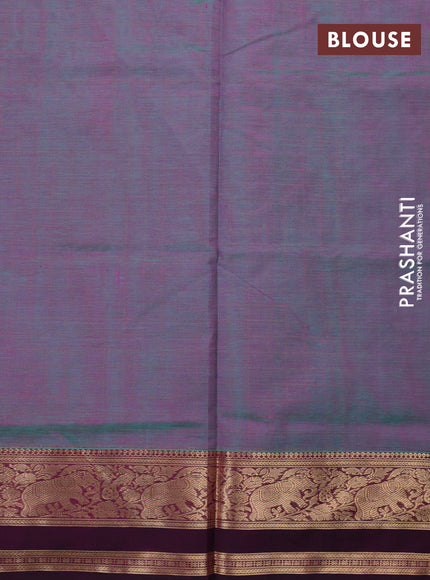 Kanchipuram silk cotton saree dual shade of pinkish teal green and magenta pink with allover thread checked pattern and rettapet zari woven border