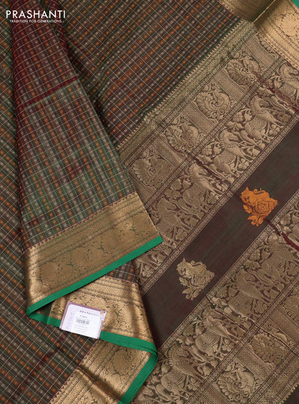 Kanchipuram silk cotton saree manthulir green and green with allover thread checks & 1000 buttas and temple design zari woven border