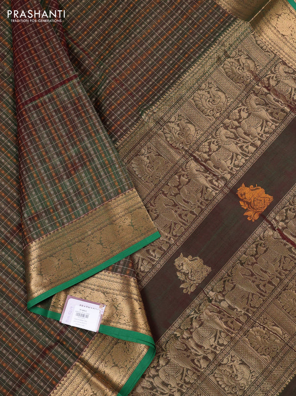 Kanchipuram silk cotton saree manthulir green and green with allover thread checks & 1000 buttas and temple design zari woven border