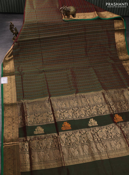 Kanchipuram silk cotton saree manthulir green and green with allover thread checks & 1000 buttas and temple design zari woven border