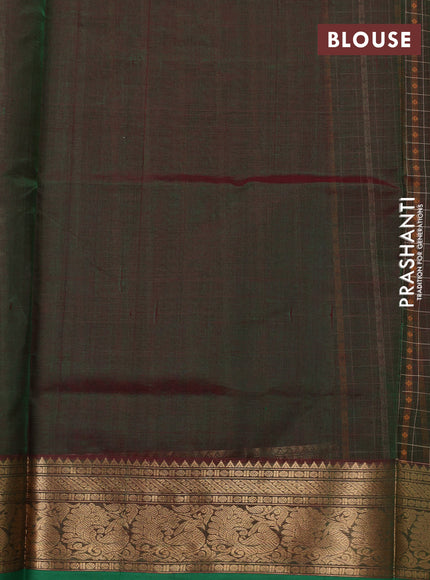 Kanchipuram silk cotton saree manthulir green and green with allover thread checks & 1000 buttas and temple design zari woven border