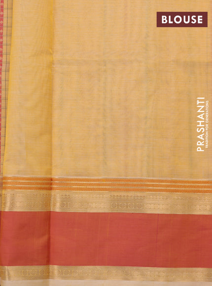 Kanchipuram silk cotton saree pale yellow and dual shade of orange with allover thread checks & 1000 buttas and rettapet zari woven border