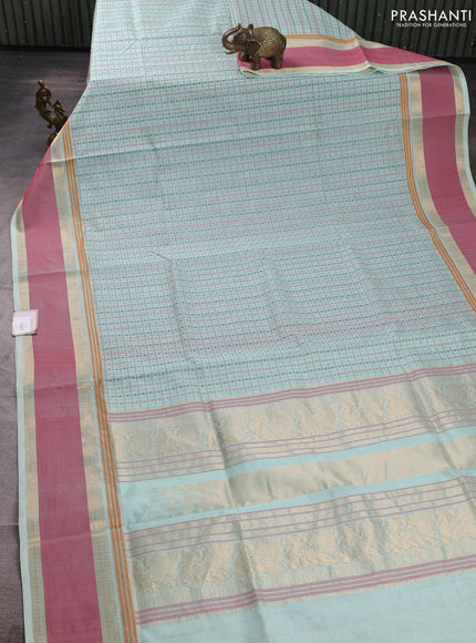 Kanchipuram silk cotton saree mild teal and peach pink with allover thread checks & 1000 buttas and rettapet zari woven border
