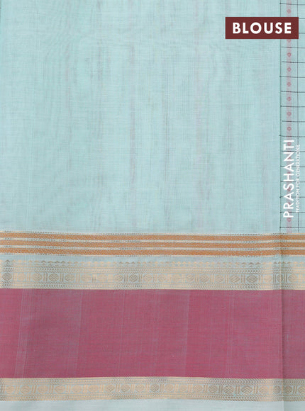 Kanchipuram silk cotton saree mild teal and peach pink with allover thread checks & 1000 buttas and rettapet zari woven border