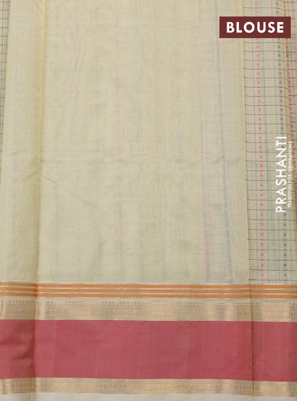 Kanchipuram silk cotton saree cream and peach pink with allover thread checks & 1000 buttas and rettapet zari woven border