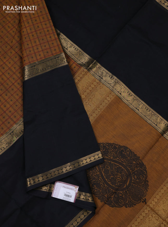 Kanchipuram silk cotton saree mustard yellow and black with allover thread checks & 1000 buttas and long rettapet zari woven border