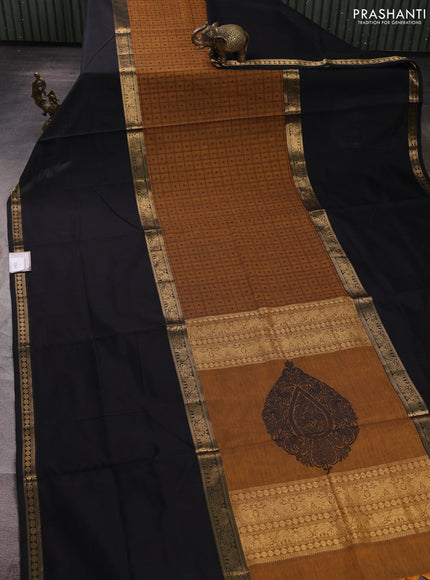 Kanchipuram silk cotton saree mustard yellow and black with allover thread checks & 1000 buttas and long rettapet zari woven border
