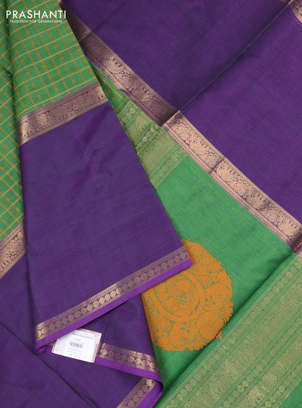 Kanchipuram silk cotton saree green and purple with allover thread checks & 1000 buttas and long rettapet zari woven border