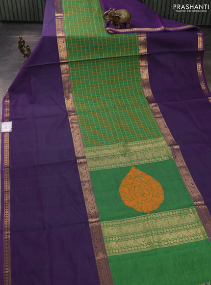 Kanchipuram silk cotton saree green and purple with allover thread checks & 1000 buttas and long rettapet zari woven border