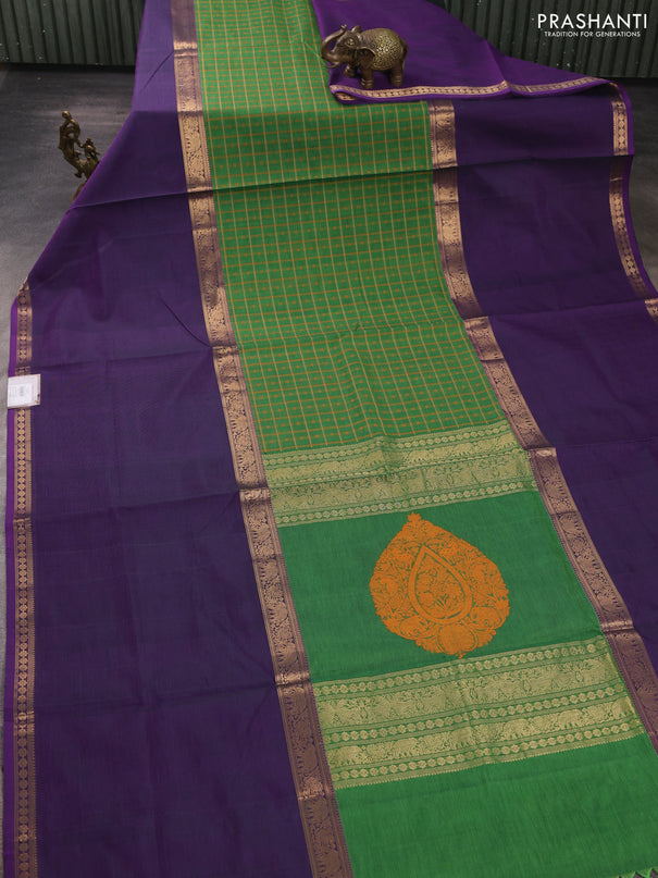 Kanchipuram silk cotton saree green and purple with allover thread checks & 1000 buttas and long rettapet zari woven border