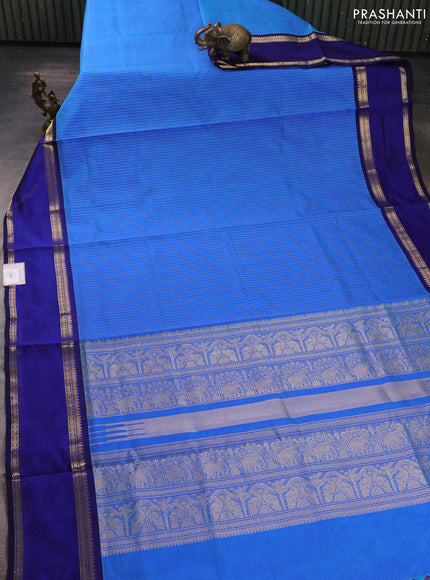 Kanchipuram silk cotton saree blue and navy blue with allover zari weaves and rettapet zari woven border