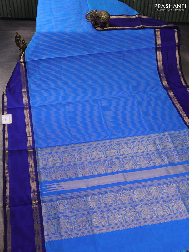 Kanchipuram silk cotton saree blue and navy blue with allover zari weaves and rettapet zari woven border
