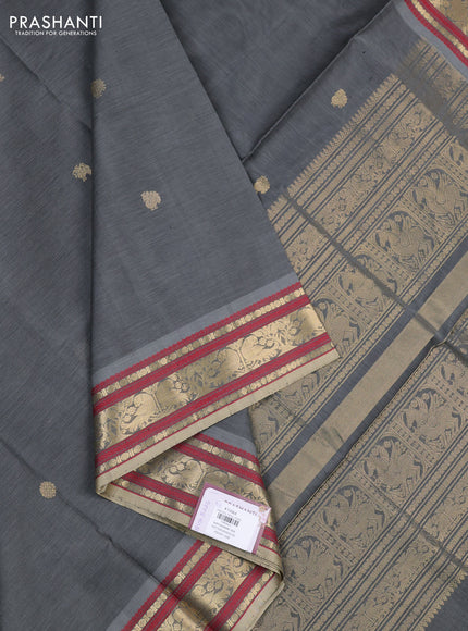 Kanchipuram silk cotton saree grey and maroon with zari woven buttas and thread & zari woven border