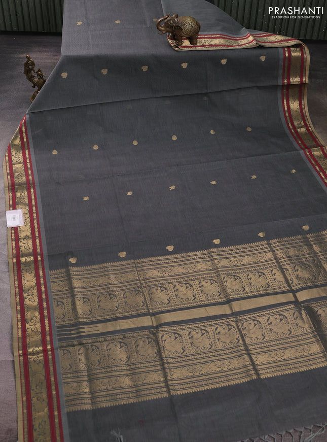 Kanchipuram silk cotton saree grey and maroon with zari woven buttas and thread & zari woven border