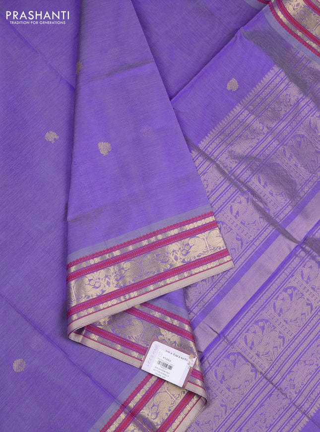 Kanchipuram silk cotton saree lavender and red with zari woven buttas and thread & zari woven border