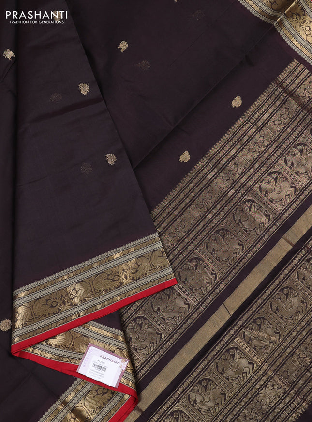 Kanchipuram silk cotton saree coffee brown and red with zari woven buttas and thread & zari woven border