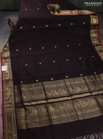 Kanchipuram silk cotton saree coffee brown and red with zari woven buttas and thread & zari woven border