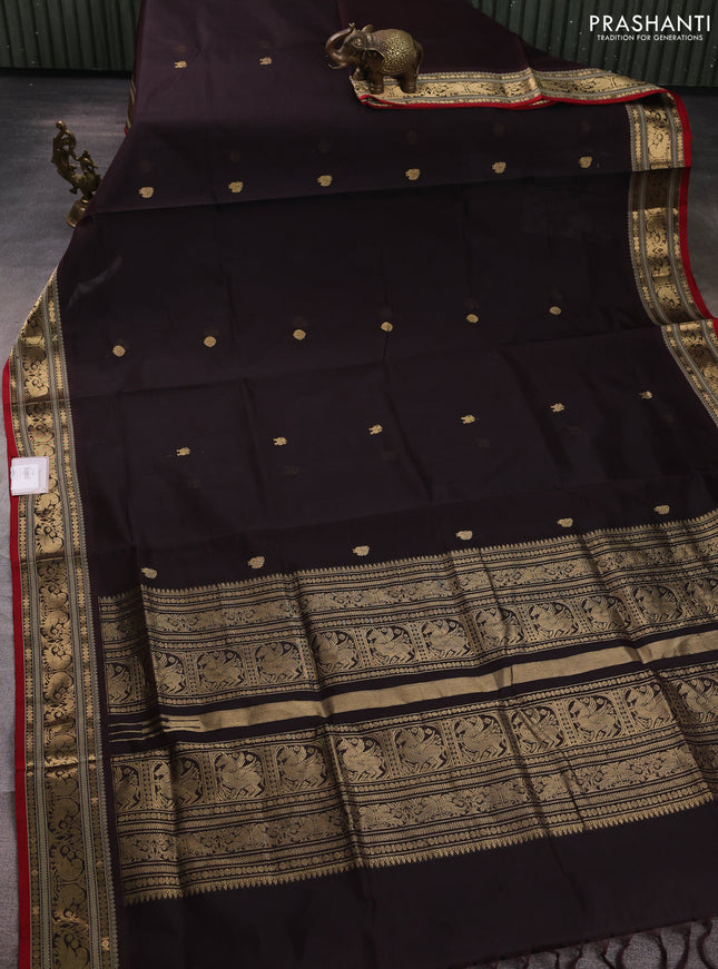 Kanchipuram silk cotton saree coffee brown and red with zari woven buttas and thread & zari woven border
