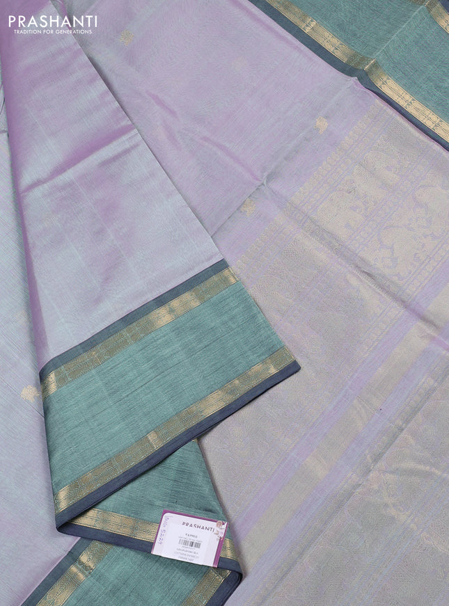 Kanchipuram silk cotton saree dual shade of green and bottle green with zari woven buttas and rettapet zari woven border