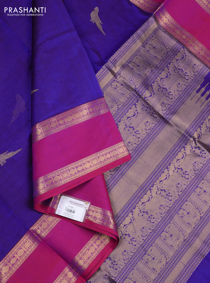 Kanchipuram silk cotton saree blue and pink with zari woven buttas and long rettapet zari woven border