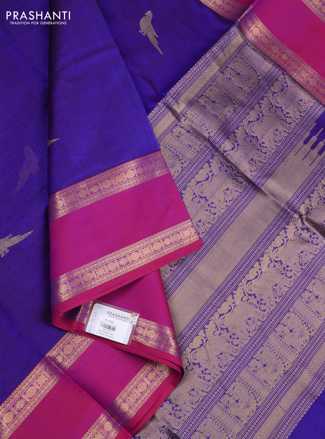 Kanchipuram silk cotton saree blue and pink with zari woven buttas and long rettapet zari woven border