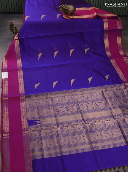 Kanchipuram silk cotton saree blue and pink with zari woven buttas and long rettapet zari woven border