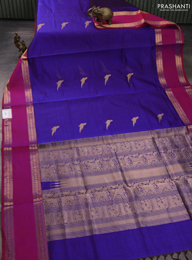 Kanchipuram silk cotton saree blue and pink with zari woven buttas and long rettapet zari woven border