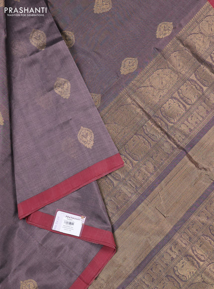 Kanchipuram silk cotton saree grey and maroon shade with zari woven buttas and simple border