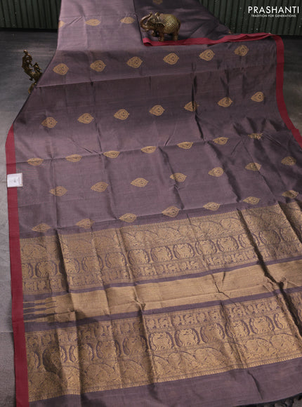 Kanchipuram silk cotton saree grey and maroon shade with zari woven buttas and simple border