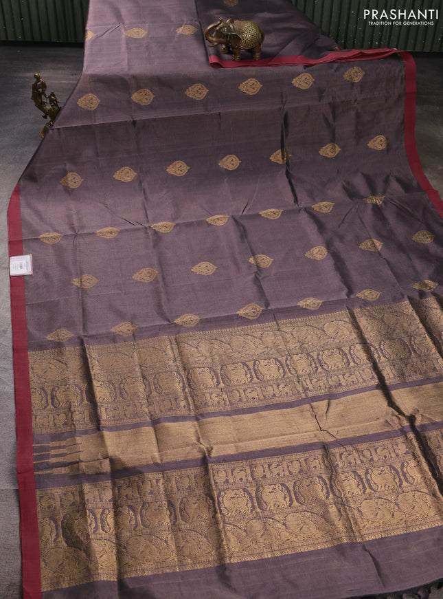 Kanchipuram silk cotton saree grey and maroon shade with zari woven buttas and simple border