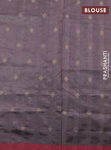 Kanchipuram silk cotton saree grey and maroon shade with zari woven buttas and simple border
