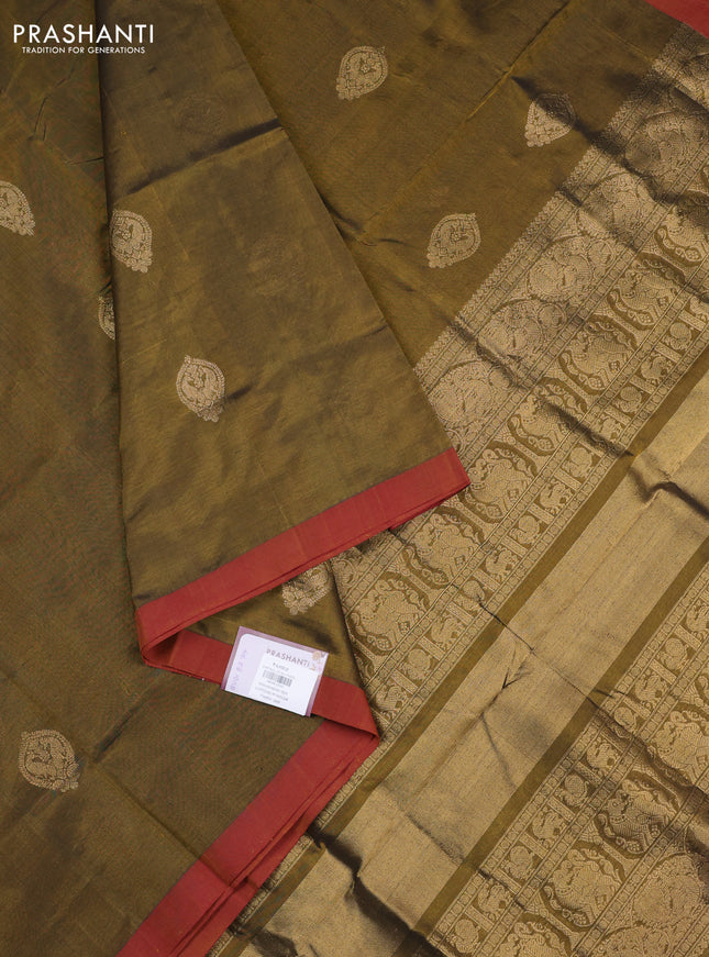 Kanchipuram silk cotton saree olive green and maroon shade with zari woven buttas and piping border