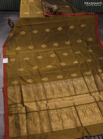 Kanchipuram silk cotton saree olive green and maroon shade with zari woven buttas and piping border