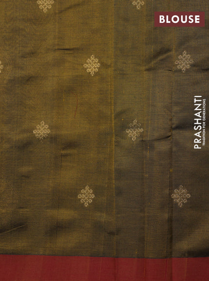 Kanchipuram silk cotton saree olive green and maroon shade with zari woven buttas and piping border