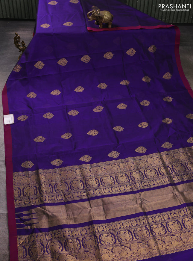 Kanchipuram silk cotton saree violet and magenta pink with zari woven buttas and simple border