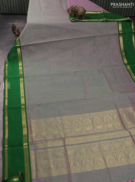 Kanchipuram silk cotton saree dual shade of pinkish green and green with allover zari weaves and rettapet zari woven border