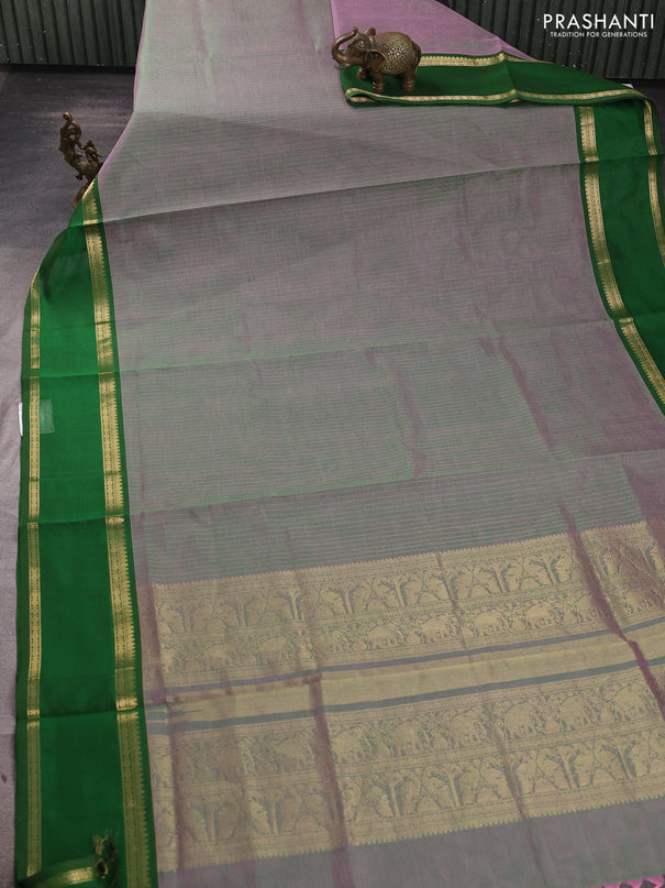 Kanchipuram silk cotton saree dual shade of pinkish green and green with allover zari weaves and rettapet zari woven border
