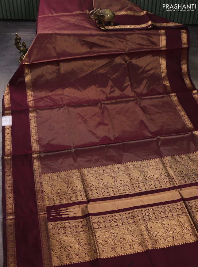 Kanchipuram silk cotton saree deep wine with allover vairosi pattern and rettapet zari woven border