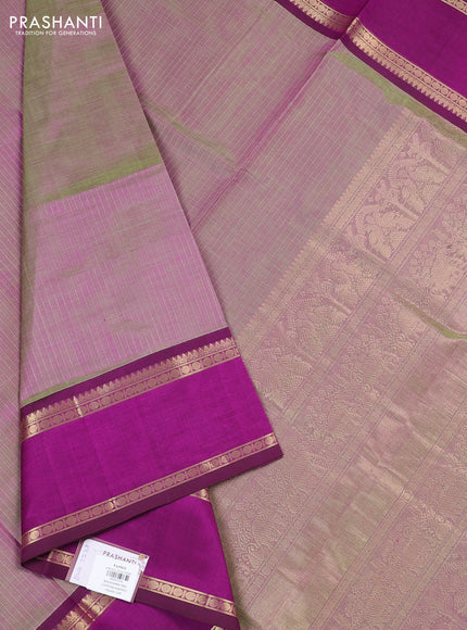 Kanchipuram silk cotton saree dual shade of greenish pink and wine shade with allover zari weaves and rettapet zari woven border